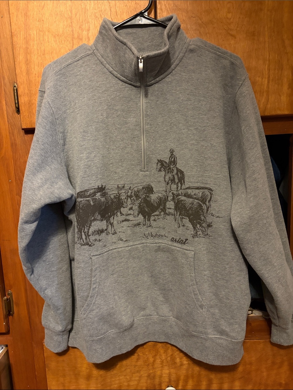 Ariat Heather Gray Quarter-Zip Pullover with Western Cattle Print
